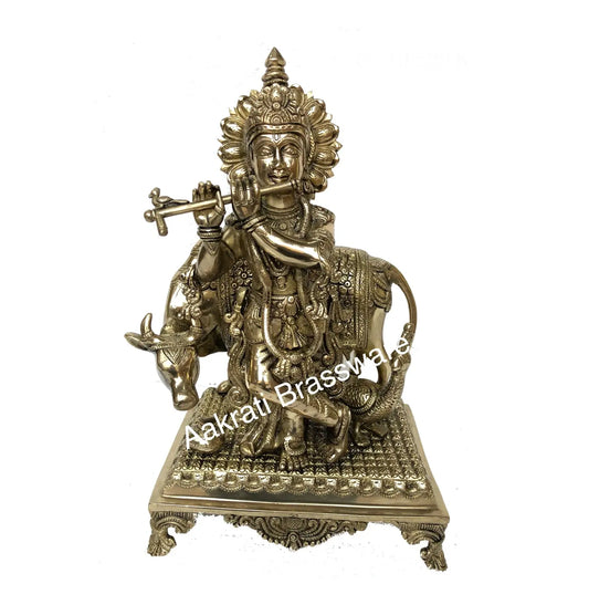 Lord Krishna with Cow hand carved brass statue Aakrati