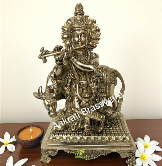 Lord Krishna with Cow hand carved brass statue Aakrati