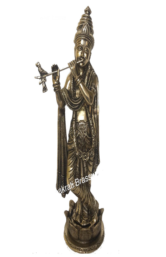 Lord Krishna brass metal hand carved statue by Aakrati Aakrati