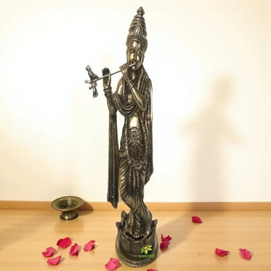 Lord Krishna brass metal hand carved statue by Aakrati Aakrati