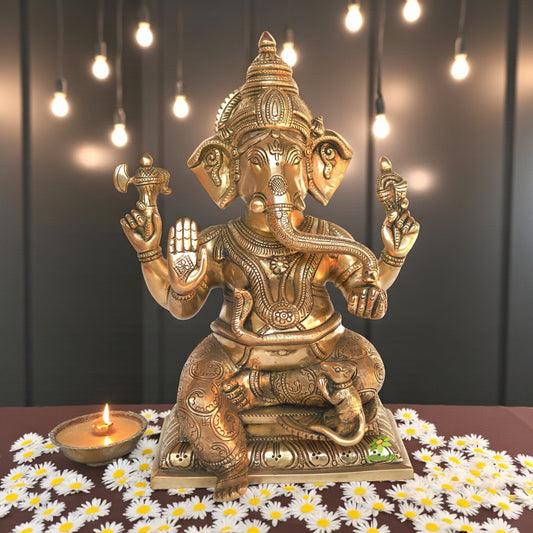 Lord Ganesha Sitting on a throne brass made statue Aakrati
