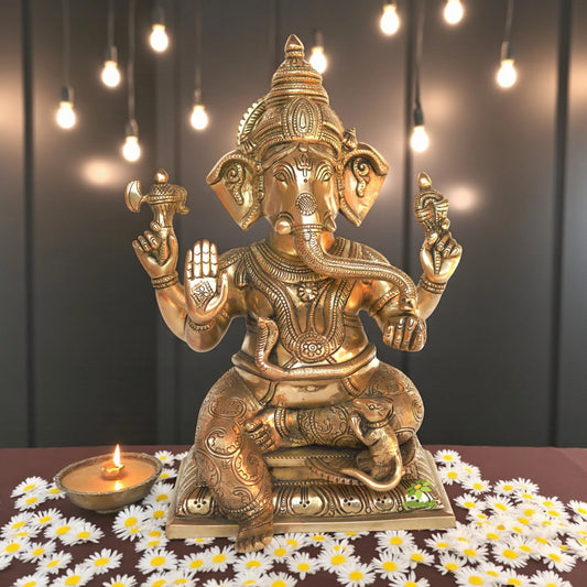 Lord Ganesha Sitting on a throne brass made statue Aakrati