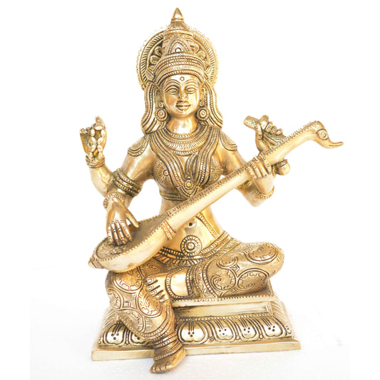 Goddess Saraswati Brass Metal Hand Carved Statue - The Goddess of Art & Knowledge Aakrati