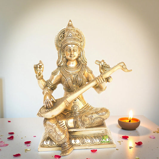 Goddess Saraswati Brass Metal Hand Carved Statue - The Goddess of Art & Knowledge Aakrati