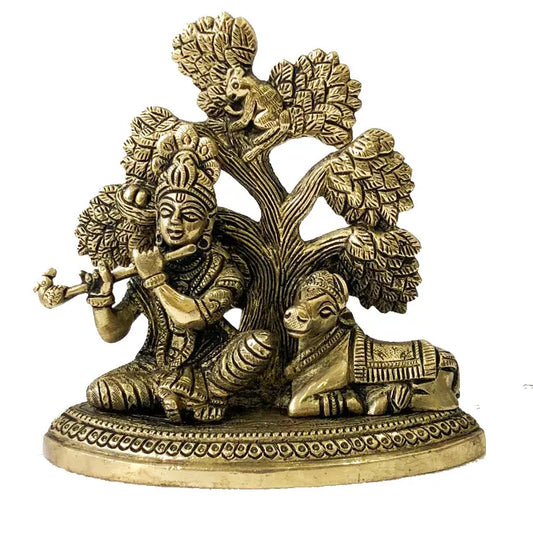 Lord Krishna Sitting under a tree playing flute with cow brass made decorative statue for gift/decor Aakrati