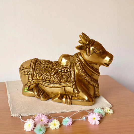 Brass made Nandi Sitting Statue - Unique Religious metal craft and gift Aakrati