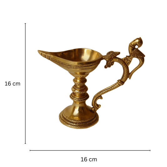 Aakrati Table Diya or Deepak with Handle Made of Brass for Temple and Decor - Religious Metal Handmade Craft Gift - Indian Hindu Temple Worship Jyoti