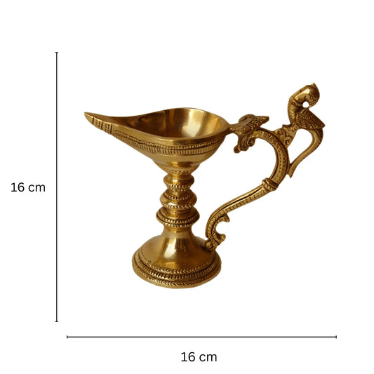 Aakrati Table Diya or Deepak with Handle Made of Brass for Temple and Decor - Religious Metal Handmade Craft Gift - Indian Hindu Temple Worship Jyoti Aakrati