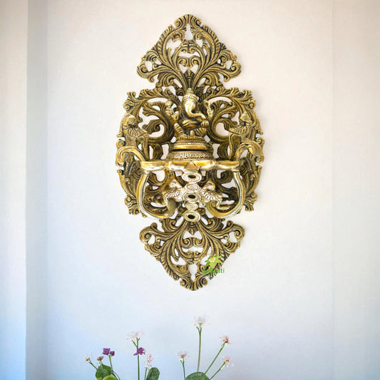 Aakrati Lord Ganesha Wall Deepak or Diya with Unique Carving and Ganesha Figurine Oil Deepak for Wall and Home Decoration