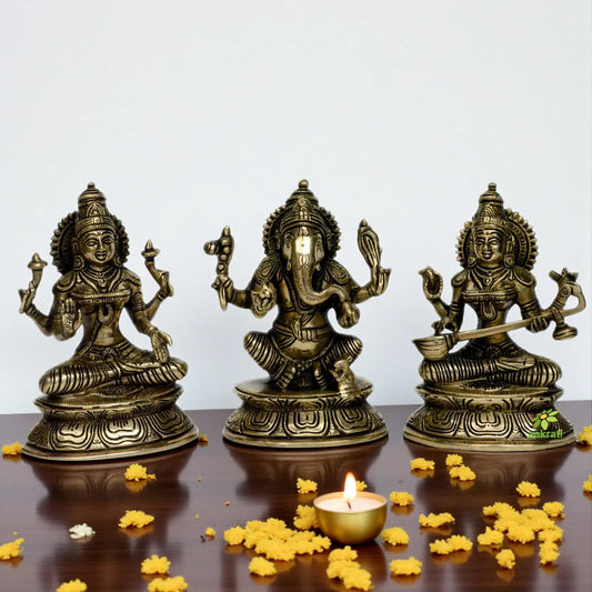 Laxmi Ganesha Saraswati brass made hand carved antique pooja ghar statue Aakrati