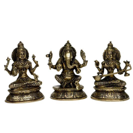 Laxmi Ganesha Saraswati brass made hand carved antique pooja ghar statue Aakrati