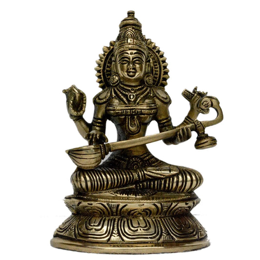 Goddess Saraswati hand carved pooja ghar/office brass made statue Aakrati