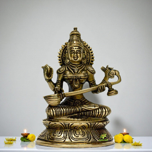 Goddess Saraswati hand carved pooja ghar/office brass made statue Aakrati