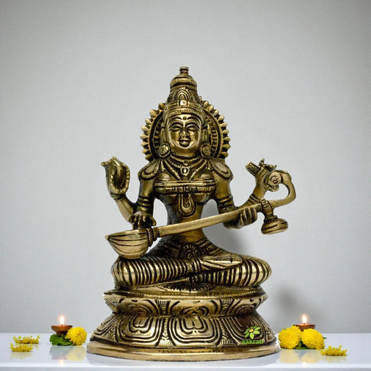 Goddess Saraswati hand carved pooja ghar/office brass made statue Aakrati