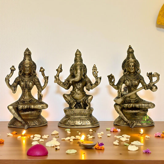 Laxmi Ganesha Saraswati brass made hand carved antique statue Aakrati