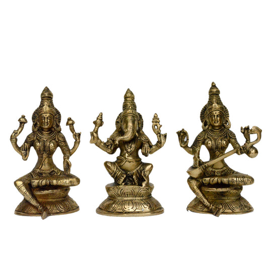 Laxmi Ganesha Saraswati brass made hand carved antique statue Aakrati