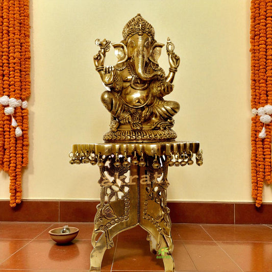 Lord Ganesha with chowki brass metal hand carved home/office/puja ghar decor Aakrati