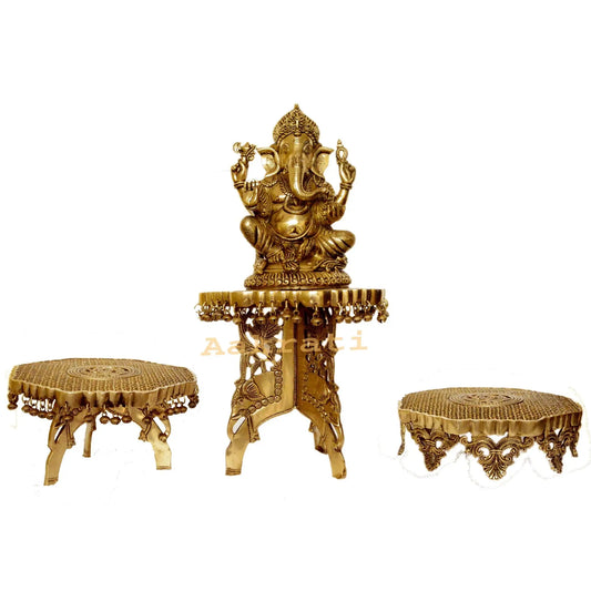 Lord Ganesha with three chowki brass metal decorated combo set Aakrati
