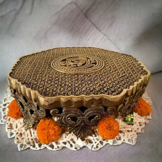 Brass metal hand carved low floor pooja chowki/stool/stand Aakrati