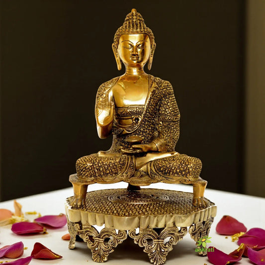 Lord Buddha Brass Made Decorative Figure with decorated chowki Super Fine Carving Aakrati