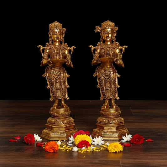 Deep laxmi pair hand carved brass metal pooja ghar event decor table showpiece Aakrati