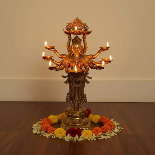 Deep laxmi brass metal hand carved pooja ghar event decor statue Aakrati