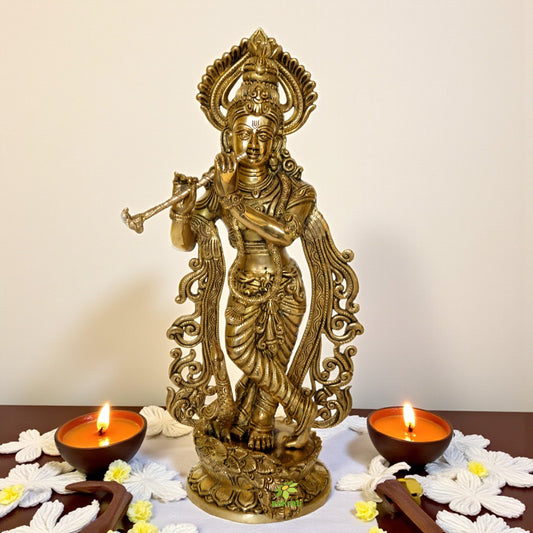 Krishna with cow playing flute brass made Murti by Aakrati Aakrati