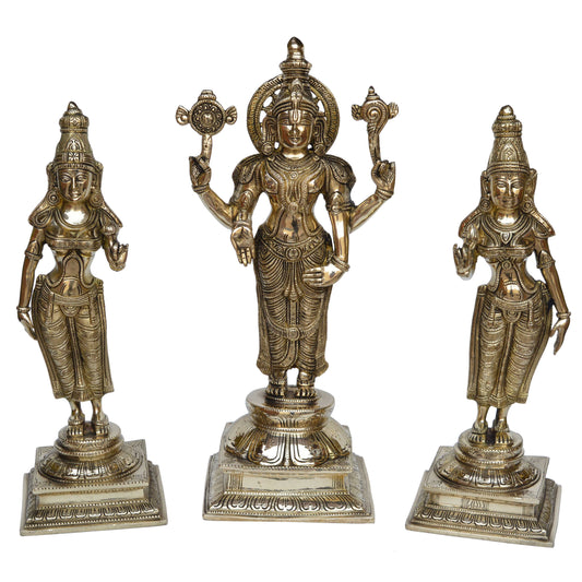 Lord Vishnu With His wife Bhumi and Laxmi Ji Brass made hand carved statue Aakrati
