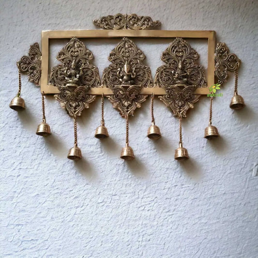 Laxmi Ganesh Saraswati decorative brass made wall hanging wall decor with bells Aakrati