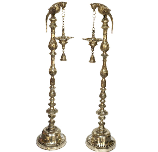 Brass made Parrot figure holding oil lamp with bells for puja ghar/living room decoration Aakrati