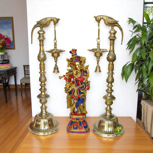 Festive Decor Oil Lamp with colorful Krishna Statue for home office decor Aakrati