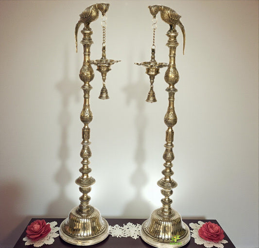 Brass made Parrot figure holding oil lamp with bells for puja ghar/living room decoration Aakrati