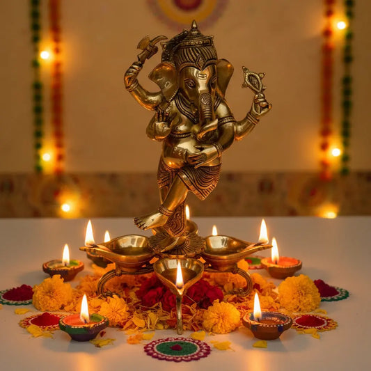 Dancing Ganesha figure on brass made home decor/living room decor oil lamp/Deepak Aakrati