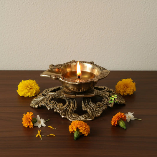 Brass Made hand carved pooja gahr oil lamp with decorative stand Aakrati
