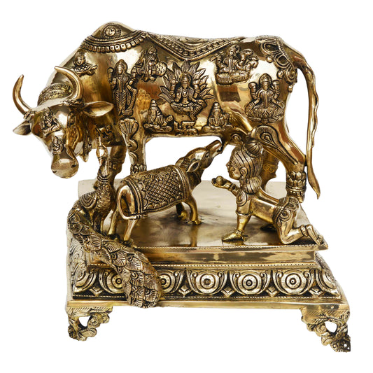 Decorative Nandi/Cow with calf sitting baby krishna near to calf brass made temple/gift purpose statue Aakrati