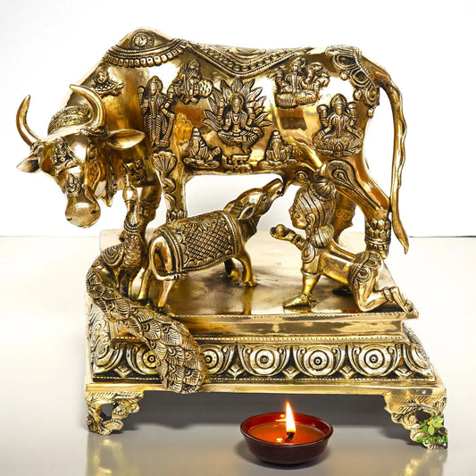 Decorative Nandi/Cow with calf sitting baby krishna near to calf brass made temple/gift purpose statue Aakrati