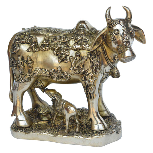 Kamdhenu Cow with calf brass made hand carved antique finish statue Aakrati