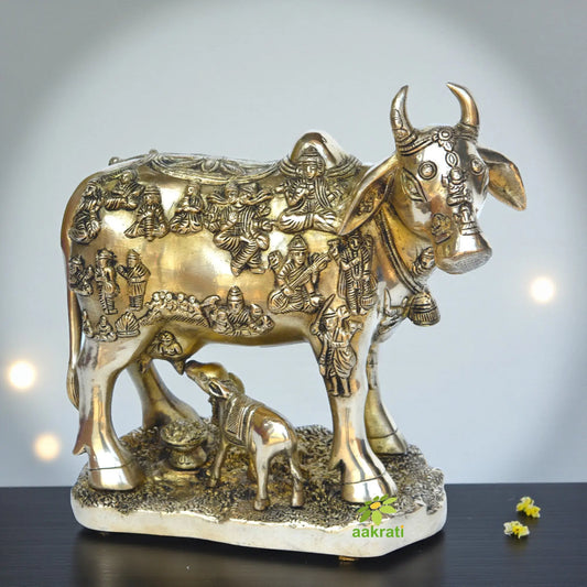 Kamdhenu Cow with calf brass made hand carved antique finish statue Aakrati