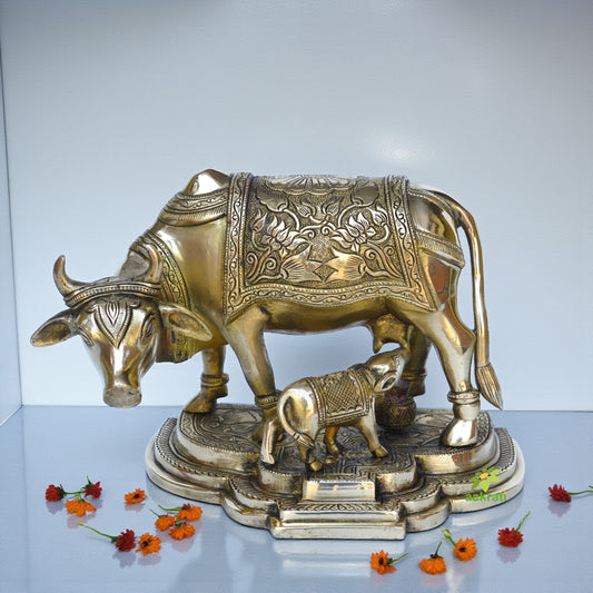 Brass Made Nandi/cow with calf hand carved decorative statue