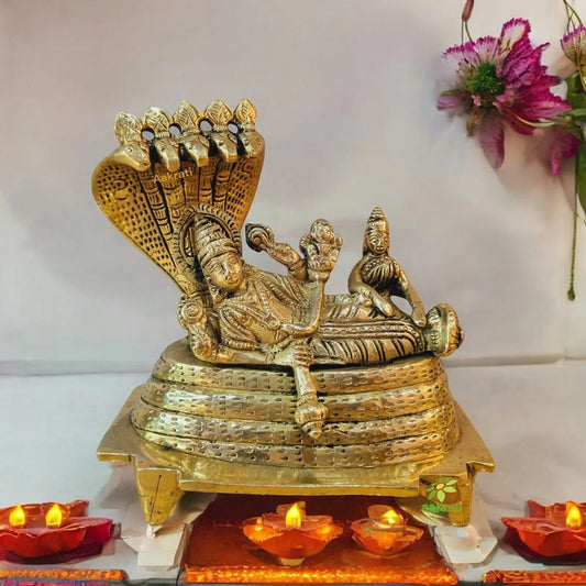 Vishnu Laxmi Sitting On Sheshnag - Lord Narayan rest in Vainkunt Dham metal idol 4.5 inch Aakrati