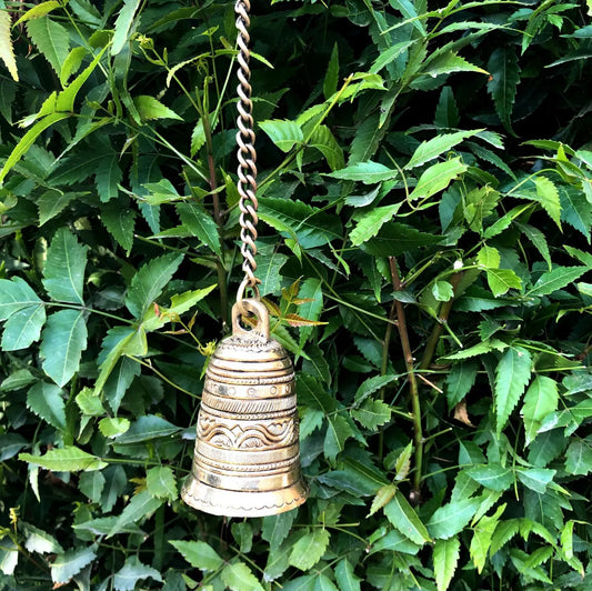Vintage Hanging Bell with Brass Chain and Hook for Gates, Home, Office and Temple Aakrati