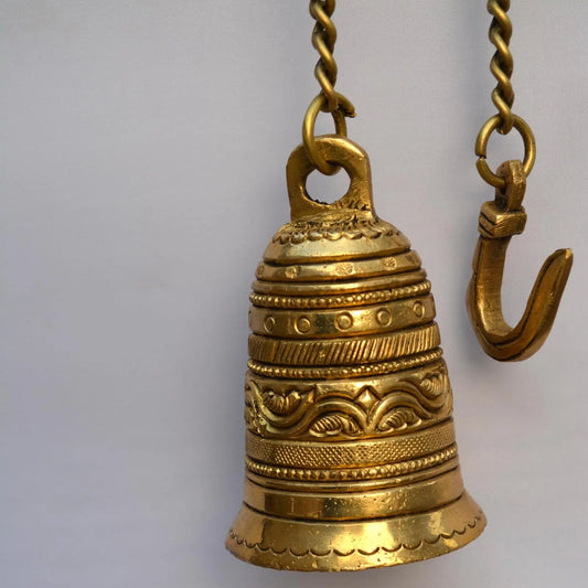 Vintage Hanging Bell with Brass Chain and Hook for Gates, Home, Office and Temple Aakrati