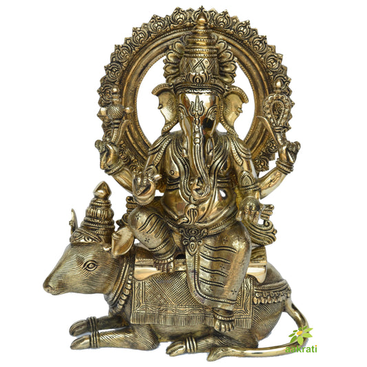 Crowned Ganesh Seated on his Mouse, Ganpati ekdant hindu god Murti Sculpture Aakrati
