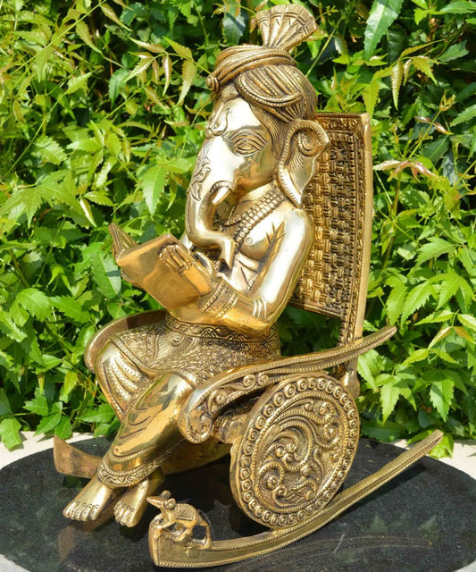 Chair Ganesha Statue | Home decor | Elephant god | Hindu god | Brass idol | Handmade | Book Reading ganesha | Sculpture Aakrati