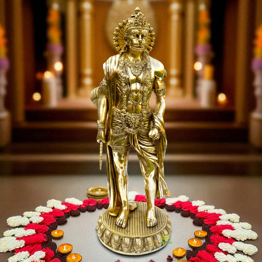 Brass The Humble Hanuman Standing Statue, Hindu Monkey Deity Brass Hanuman Statuette, Hindu God Idols, Bajrang Bali Statue
