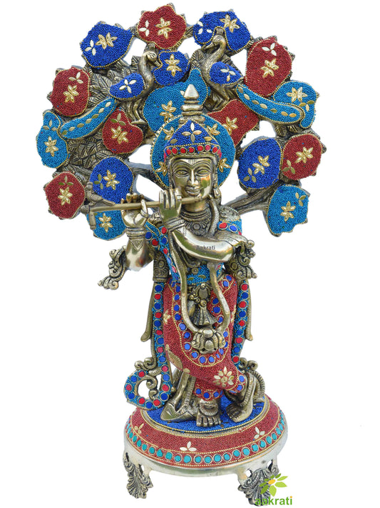 Modern Metal Brass Krishna statue with stone work | Bhagwan krishna idol |home decor |Garden decor |Murti figure Aakrati