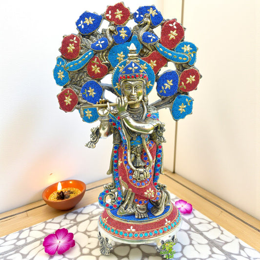 Modern Metal Brass Krishna statue with stone work | Bhagwan krishna idol |home decor |Garden decor |Murti figure