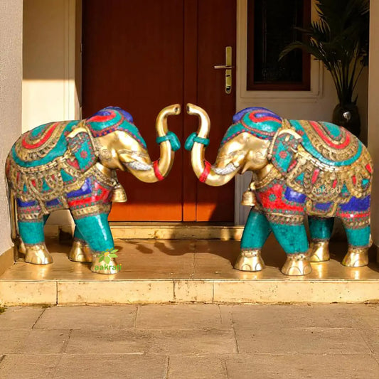 Turquoise stone work Elephant pair for Home Decor- Brass Metal Animal Statue Aakrati