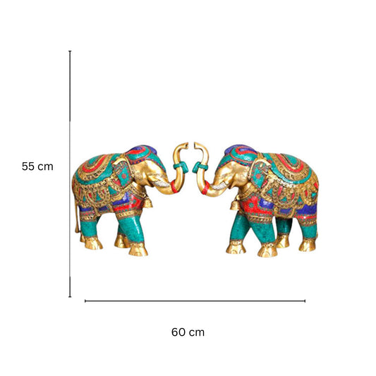 Turquoise stone work Elephant pair for Home Decor- Brass Metal Animal Statue