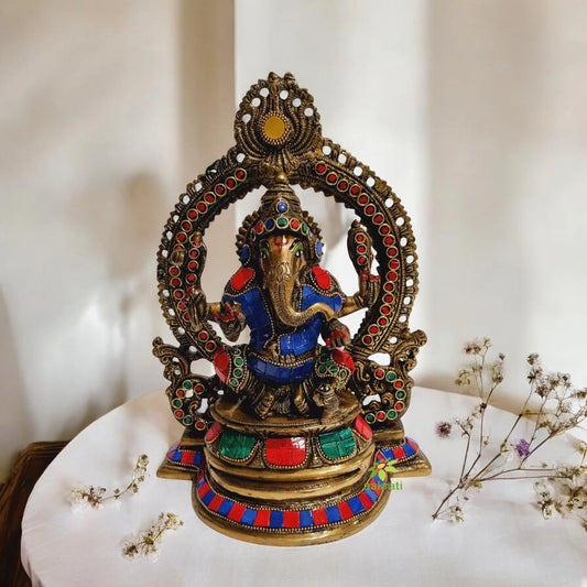 Brass Ganesh Idol decorative murti with stone work Aakrati